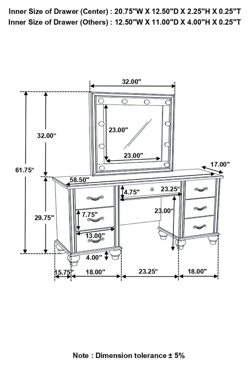 Barzini 7-drawer Vanity Desk with Lighted Mirror White